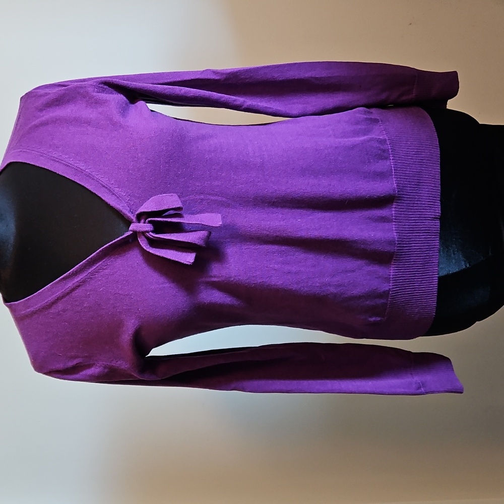 Liz Claiborne Purple Long Sleeve V-Neck Sweater with Bow Detail Medium